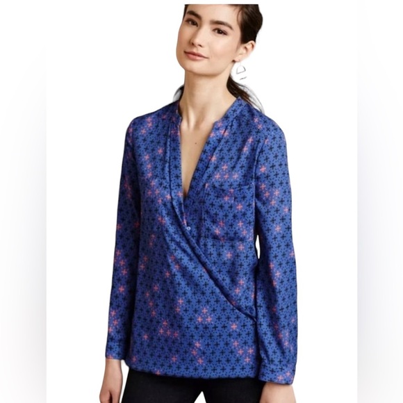 NWOT Maeve by Anthropologie Eva Blue Faux Wrap Blouse/Top Size 0 - Picture 1 of 6